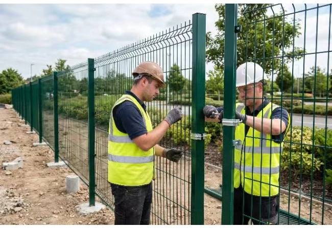 Fence installation team mounting 3D welded mesh panels between installed posts